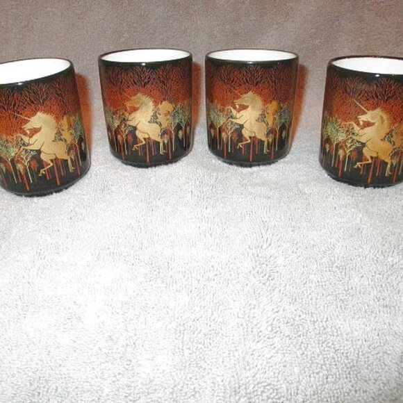 VTG Set Of 4 OTAGIRI Art of Chokin 24K Gold UNICORN Etched GILDED Saki CUPS - Picture 1 of 6